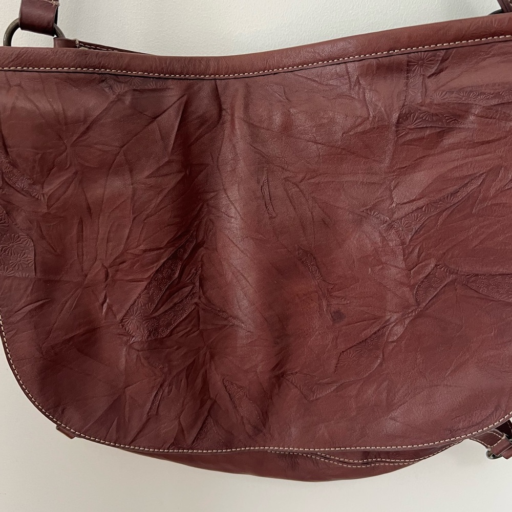 J. Jill Chocolate Wrinkle Leather Handbag Tote Leaf/Floral Embossed Soft Purse